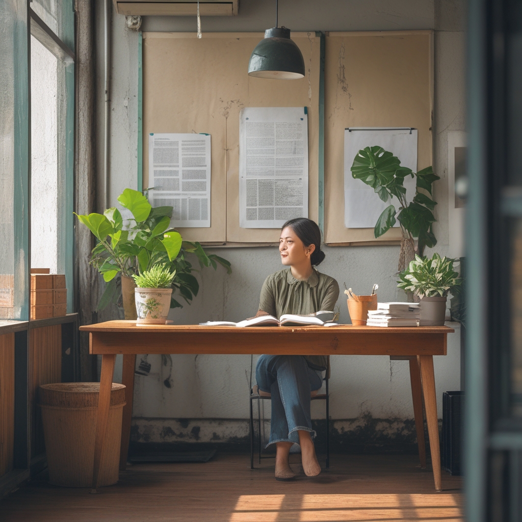Ruang kerja yang bersih dan modern dengan meja kayu, buku-buku terbuka, tanaman hijau dalam pot kecil, dan secangkir teh hangat, suasana tenang dan akademis