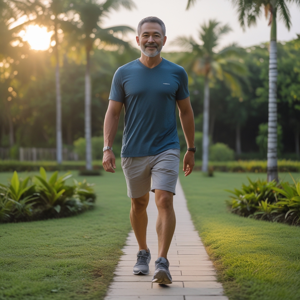 Pria berusia sekitar 45 tahun berjalan kaki di jalur taman hijau yang rindang di pagi hari, mengenakan pakaian olahraga kasual, suasana segar dan cerah dengan cahaya matahari menyinari dedaunan