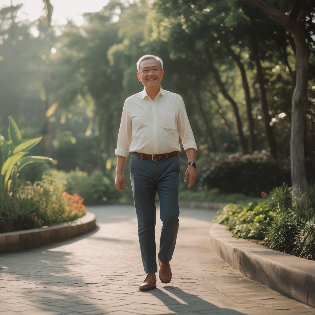 Pria paruh baya berusia sekitar 45 tahun berjalan santai di taman hijau yang rindang pada pagi hari, mengenakan pakaian kasual bersih, tampak segar dan bersemangat