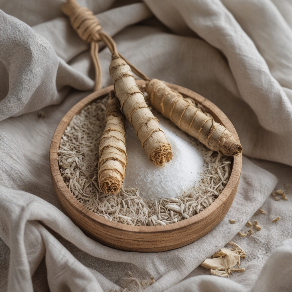 Akar ashwagandha kering berwarna cokelat muda dan irisan akar ginseng korea yang dikeringkan diletakkan di atas kain linen alami berwarna krem, dengan pencahayaan alami yang lembut