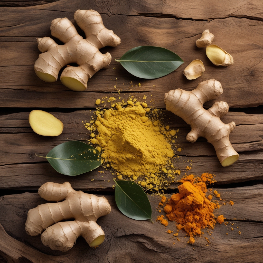 Rimpang jahe segar dan kunyit segar diletakkan berdampingan di atas permukaan kayu gelap, terlihat tekstur berserat alami dari irisan melintang kedua rempah tersebut dengan warna oranye kuning yang kontras